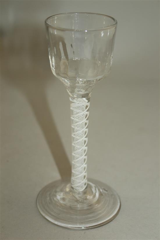 A double series opaque twist stem cordial glass, c.1760, 15cm